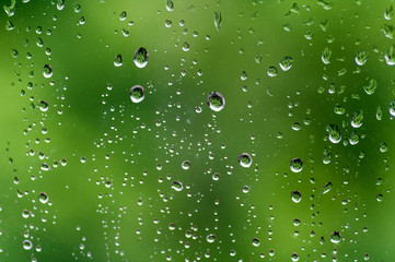 Drops of rain on a window, green background closeup