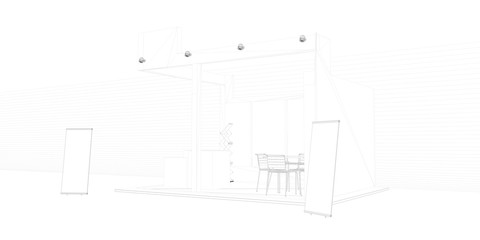 3d rendering of an outlined exhibition with white background