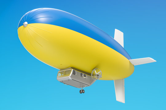 Airship or dirigible balloon with Ukrainian flag, 3D rendering