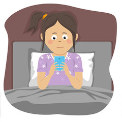 Teenager girl uses smartphone sitting in bed at night