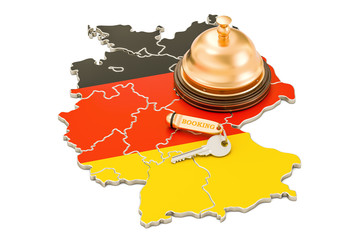 Germany booking concept. German flag with hotel key and reception bell, 3D rendering