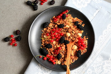 Homemade granola with nuts, mulberry and currant