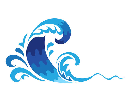 Cartoon ocean wave, blue sea water splash on white