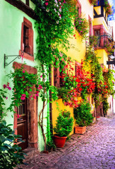 Fototapeta na wymiar Floral traditional town Colmar with charming old streets in Alsace region. France