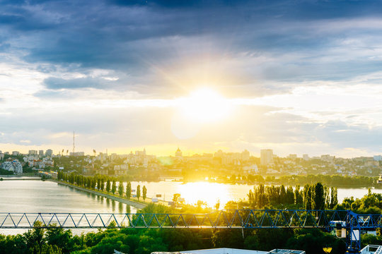 Panoramic aerial view of Chernavsky Bridge from roof top at sunset, Voronezh