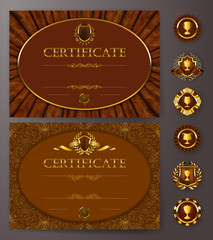 Set of elegant templates of diploma with lace ornament, ribbon, wax seal, drapery fabric, badges, place for text. Certificate of achievement, education, awards, winner. Vector illustration EPS 10.