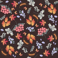 Fototapeta na wymiar Seamless autumn pattern with butterflies, oak and maple leaves, ears of wheat, different flowers on brown background.