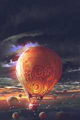 Obraz premium hot air balloons floating in the sky at sunset, digital art style, illustration painting