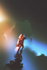 the spaceman with red jetpack rocket standing against starry sky, digital art style, illustration painting