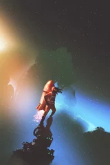 Türaufkleber the spaceman with red jetpack rocket standing against starry sky, digital art style, illustration painting © grandfailure