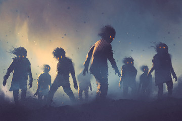  halloween concept of zombie crowd walking at night, digital art style, illustration painting © grandfailure