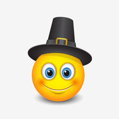 Cute Thanksgiving emoticon wearing pilgrim hat - emoji