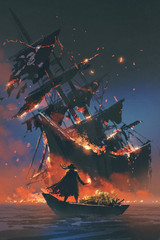 Fototapeta premium pirat z płonącą pochodnią stojącą na łodzi ze skarbem patrzącym na tonący statek, cyfrowy styl sztuki, malowanie ilustracji