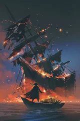 Gordijnen the pirate with burning torch standing on boat with treasure looking at sinking ship, digital art style, illustration painting © grandfailure