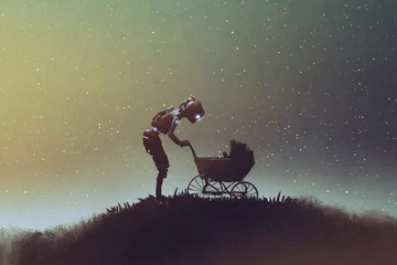 Fototapeten junger Roboter, der Baby in einem Kinderwagen gegen Sternenhimmel betrachtet, digitaler Kunststil, Illustrationsmalerei © grandfailure