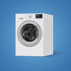 Realistic white front loading washing machine on a white background