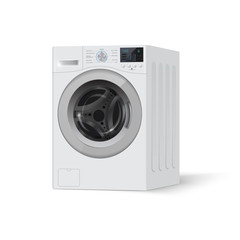 Realistic white front loading washing machine on a white background