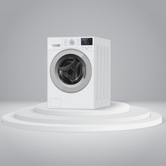 Realistic white front loading washing machine on  round white podium.Perspective view, close-up. 3d realistic vector washer.