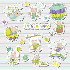 Baby Boy Stickers for Baby Shower Party Celebration. Decorative Elements for Newborn Celebration. Vector illustration