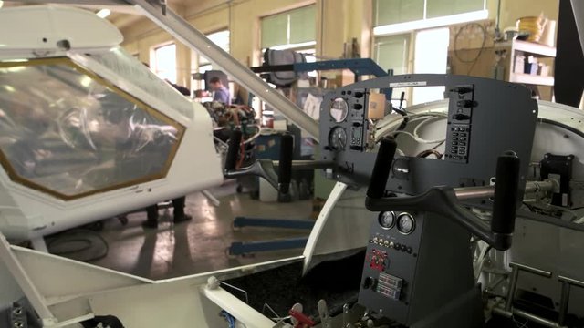 Dashboard of airplane. Aircraft workshop footage. How to control a plane.