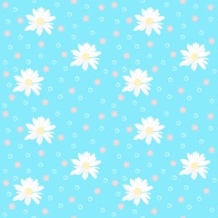 Seamless natural pattern with daisy flowers and stars on sunny blue background.