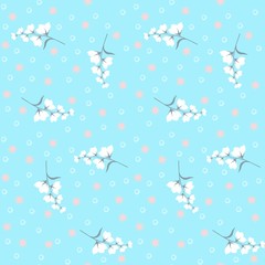 Seamless natural pattern with bells flowers and stars on sunny blue background.