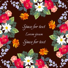 Beautiful frame with bright flowers. Festive floral design for greeting and invitation cards.