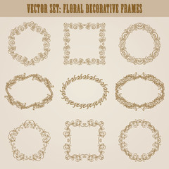 Vector set of decorative hand drawn elements, border, frame with floral elements for design of invitation, greeting, wedding, gift card, certificate, diploma, voucher. Page decoration in vintage style