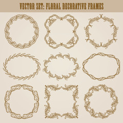 Vector set of decorative hand drawn elements, border, frame with floral elements for design of invitation, greeting, wedding, gift card, certificate, diploma, voucher. Page decoration in vintage style