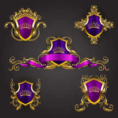 Set of golden royal shields with floral elements, ribbons, for page, web design. Old frame, border, crown, divider in vintage style for label, emblem, badge, logo. Illustration EPS10