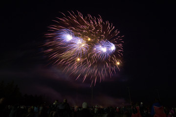 Round bursts of glowing fireworks high in sky over crowd of people below