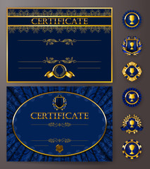 Set of elegant templates of diploma with lace ornament, ribbon, wax seal, badges, place for text. Certificate of achievement, education, awards, winner. Vector illustration EPS 10.