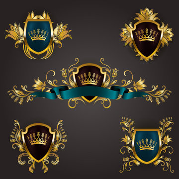 Set of golden royal shields with floral elements, ribbons, for page, web design. Old frame, border, crown, divider in vintage style for label, emblem, badge, logo. Illustration EPS10