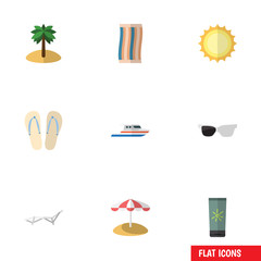 Flat Icon Season Set Of Wiper, Moisturizer, Beach Sandals Vector Objects. Also Includes Parasol, Sunrise, Flop Elements.