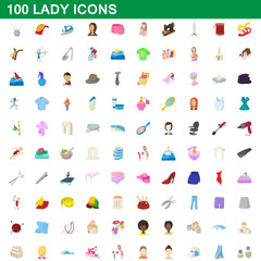 100 lady icons set, cartoon style