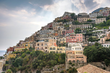 Fototapeta na wymiar Scenic view of Positano on a cloudy day