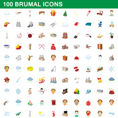 100 brumal icons set, cartoon style