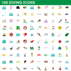 100 diving icons set, cartoon style
