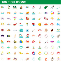 100 fish icons set, cartoon style