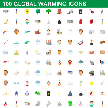 100 global warming icons set, cartoon style