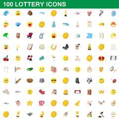 100 lottery icons set, cartoon style