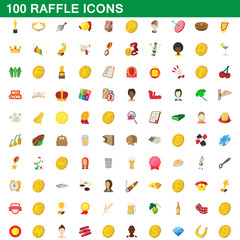 100 raffle icons set, cartoon style