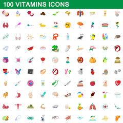 100 vitamins icons set, cartoon style