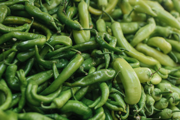 Fresh and organic vegetables at farmers market. Marketplace. Natural produce. Paprika. Pepper. Natural local products on the farm market. Harvesting. Seasonal products. Food.