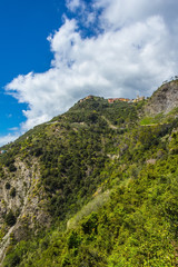 Obraz premium a view from the azure path (the path of Love), passing through the Cinque Terre park to Monterosso al Mare, Vernazza, Corniglia, Manarola and Riomaggiore