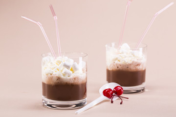 Two glasses of cocoa with whipped cream and marshmallows