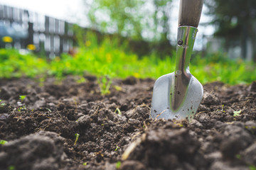 Scapula on the background of fertile soil. Place for the text. The concept of agriculture. Metal garden tools