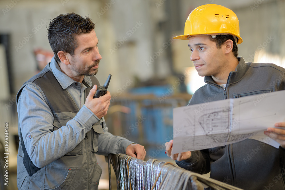 Wall mural engineer and worker checking plan on construction site