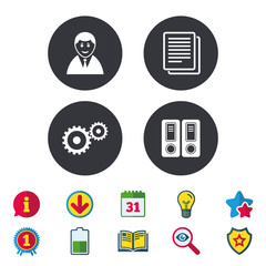 Accounting workflow icons. Human silhouette, cogwheel gear and documents folders signs symbols. Calendar, Information and Download signs. Stars, Award and Book icons. Light bulb, Shield and Search