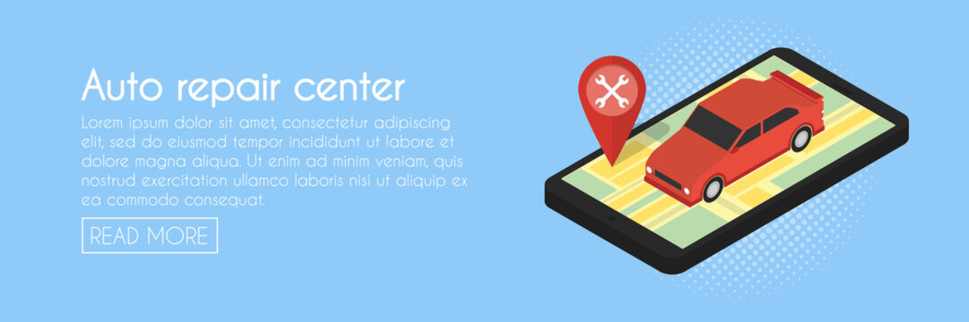 Car repair service searsh online map concept. Isometric phone vector illustration. Web banner template